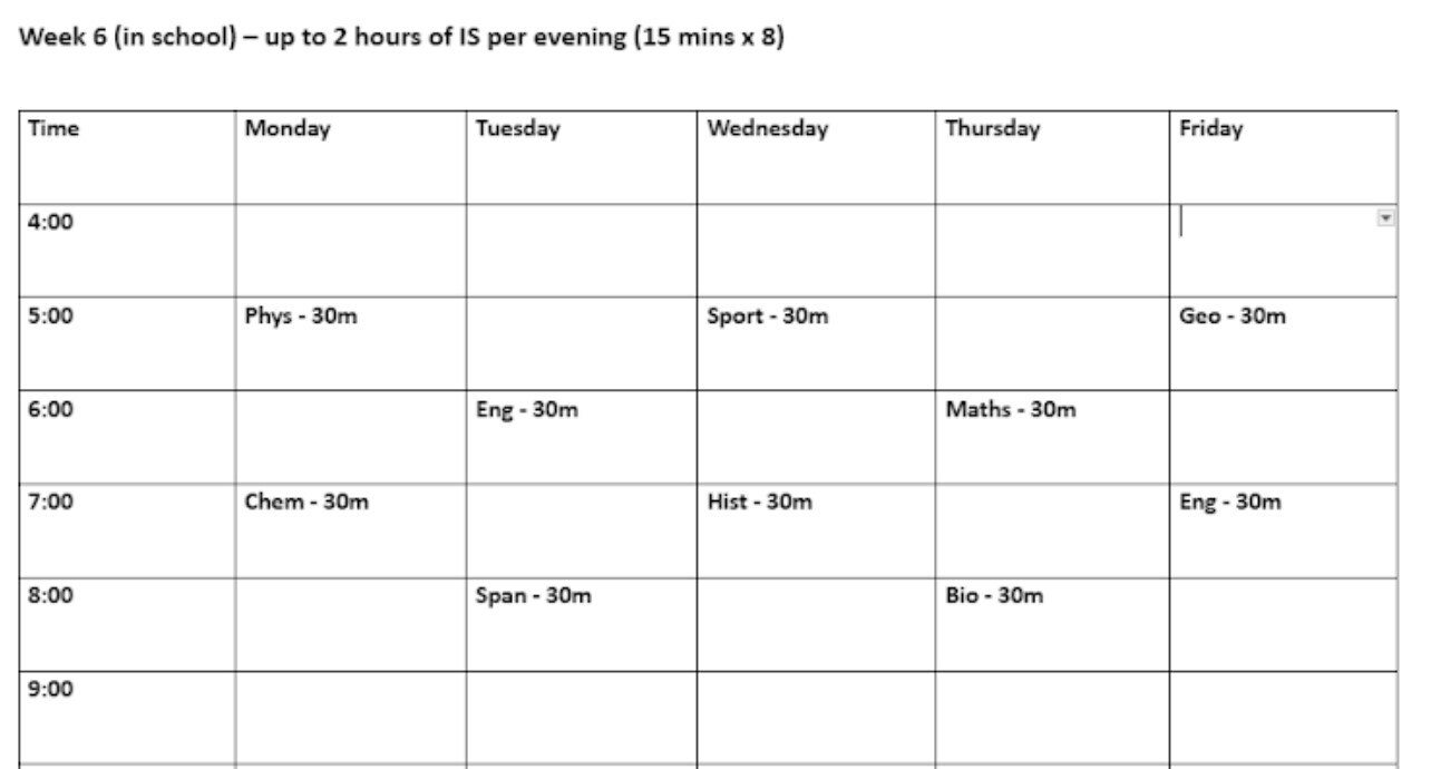 Y10 revision timetable newsletter